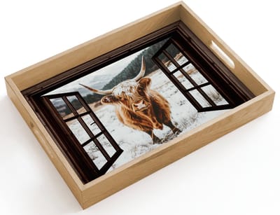 Dienblad hout 40x30 cm - Schootdienblad - Schotse Hooglander - Landschap - Landelijk - Bergen - Winter - Doorkijk - Donker - Borrelplank rechthoek - Plateau dienbladen