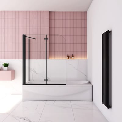 Badwand met 2 delig inklapbaar deur 110x140 cm en een zijwand 70cm ,6 mm helder EasyClean veiligheidsglas，mat zwarte profiel