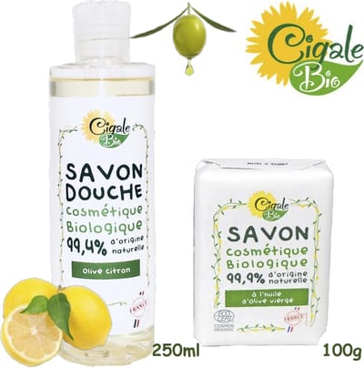 Cigale Bio AKTIE voordeel pakket. Biologische olijfolie zeep 100g, olijf olie douchegel 250ml . Zonder conserveermiddel - kleur