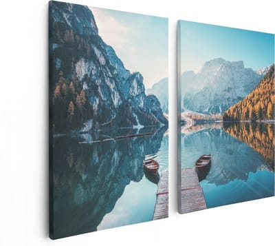 Artaza Canvas Schilderij Tweeluik Twee Bootjes Op Het Meer In De Bergen - 80x60 - Foto Op Canvas - Canvas Print