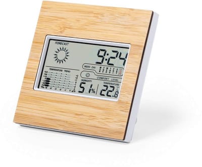 Weerstation Bamboe - Thermo Hygrometer - Binnenklimaat Monitoren - 12-Uurs Voorspelling - 13x13x2.3cm - Houtkleur