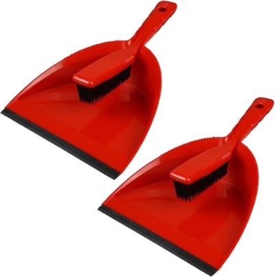 2x stuks stoffer en blik kunststof/rubber rood - Statisch - Honden- en kattenhaar -Schoonmaakartikelen