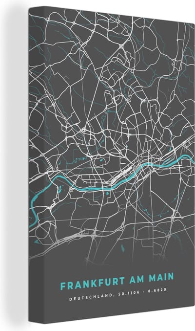 Canvas Schilderij Stadskaart – Plattegrond – Duitsland – Blauw – Frankfurt am Main – Kaart - 20x30 cm - Wanddecoratie