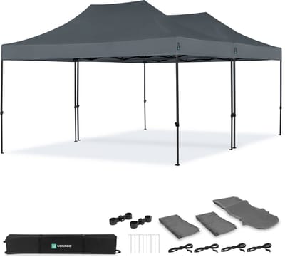 VONROC Partytent – 6x4.5 m – Premium easy-up Partytent - Set incl. 2x Tent en 1x Koppelsys-teem - Modulair Ontwerp – Opvouwbaar – Waterdicht – Stalen Frame - 50+ UV Bescherming - Incl. Opbergtassen – Grijs
