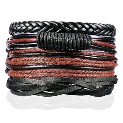 Heren armbanden Set Gevlochten leer Touw Zwart Bruin