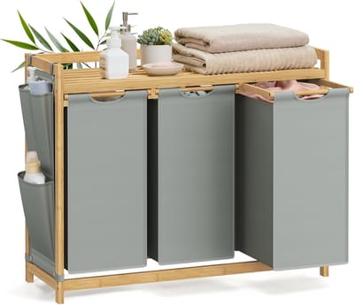 Furnstar wasmand - 3 vakken - Bamboe - Wasverzamelaar 150 l - Wassorteerder met plank -Waszak - Kleine zijzakken - 3 x 50 l 94 x 33 x 78 cm - Duifgrijs