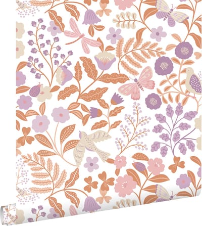 ESTAhome behang bloemen en vogels lila paars en terracotta - 53 cm x 10.05 m - 131392