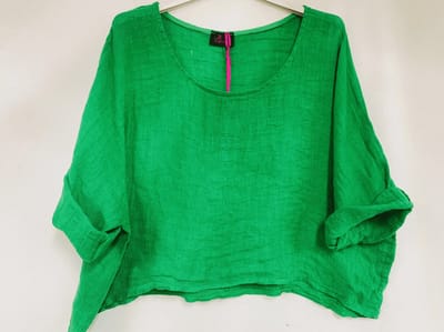 Luchtige linnen korte – crop top – ronde hals – raglan mouwen kleur GRAS GROEN – one size