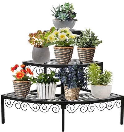 3-Tier Hoek Plant Stand Plank Kwart Ronde Ladder Bloempotten Opslag Organizer Houder Metalen Stap Display Rack voor Binnen, Buiten, Balkon, Tuin, Patio, Tuin - Zwart
