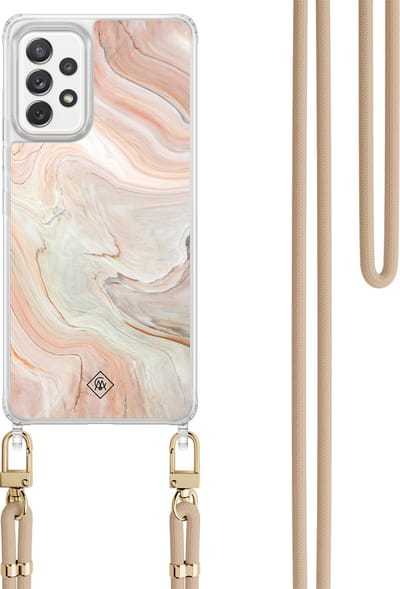Casimoda® hoesje met koord - Geschikt voor Samsung A52(s) - Marmer Waves - Afneembaar koord - TPU/polycarbonaat - Bruin/beige
