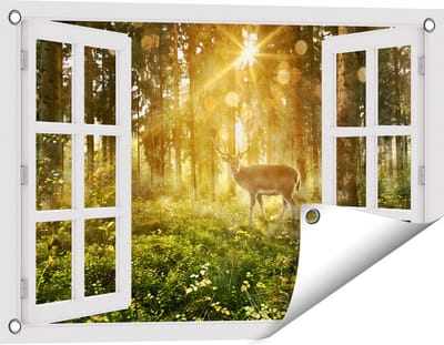 Gards Tuinposter Doorkijk Hert in Bos met Zon - 60x40 cm - Tuindoek - Tuindecoratie - Wanddecoratie buiten - Tuinschilderij