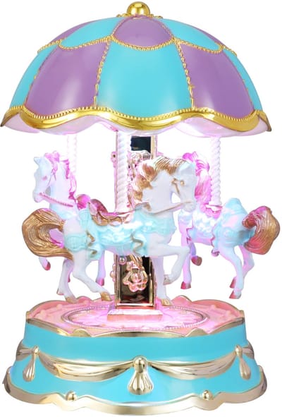Carousel Muziekdoos met LED-verlichting – Draaiende Paarden, Opwindmechanisme – Vintage Tafeldecoratie voor Kinderkamer-Blauw
