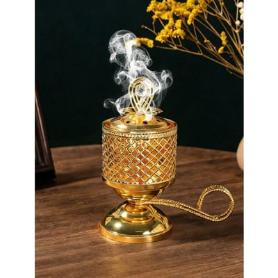 Gouden wierookbrander, Handheld gouden wierookbrander, Torenvormige sandelhout wierookbrander Goud Uitgesneden Kleine metalen wierookbrander one-size