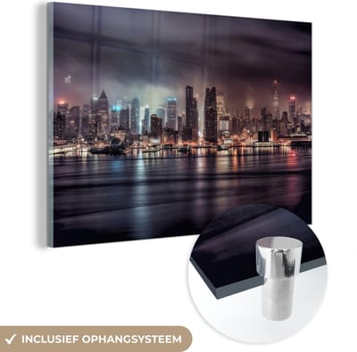 MuchoWow® Glasschilderij 60x40 cm - Schilderij acrylglas - New York - Storm - Skyline - Foto op glas - Schilderijen