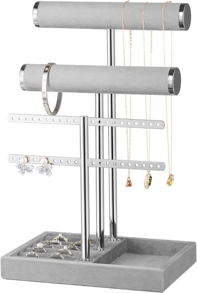 Drie-laags Sieraden Organizer in Grijs, Velvet Houder voor Armbanden, Kettingen, Horloges en Ringen, Perfect voor Opbergen en Organiseren van Sieraden