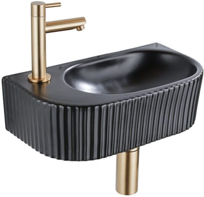 QeramiQ Fuente fonteinset – halfrond – 40x21.5x12 cm – keramiek zwart mat – geborsteld gouden kraan – geribbeld