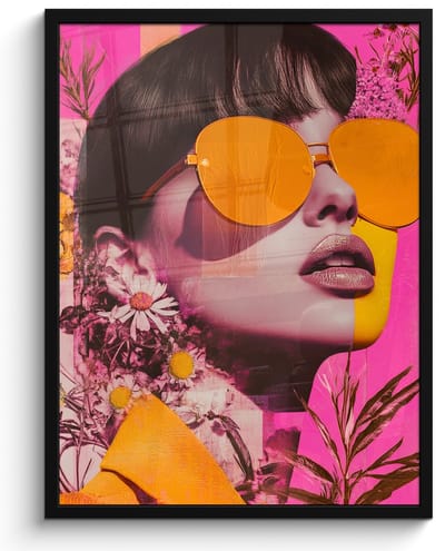 Poster in lijst - Fotolijst 50x70 cm - Posters - Zonnebril - Oranje - Vrouw - Planten - Posterlijst zwart - Decoratie - Wanddecoratie woonkamer - Muurdecoratie slaapkamer