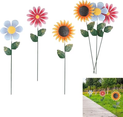 Tuindecoratie Bloem - Metalen Paaltjes - Buiten Decoreren - Levendig Metaal Design - 6 Stuks - Multicolor