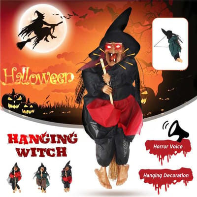 Poupées Sorcières Suspendues d'Halloween Accessoire à Commande Vocale Fantôme Animé Effrayant Montant sur un Balai Suspendu au Mur Fête Extérieur Maison vert