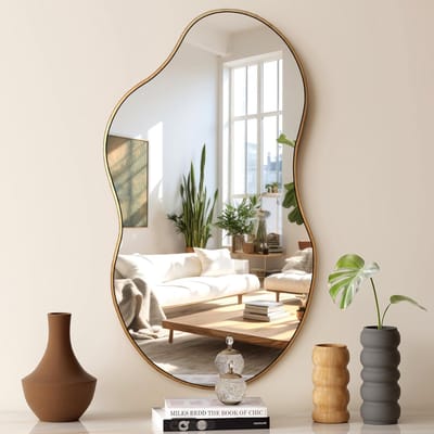 Grote Spiegel Asymmetrisch, Decoratieve Wandspiegel Met Mdf-Achterwand, Afmetingen 110 x 56 cm, Metalen Frame, Grote Spiegel Voor Woonkamer, Hal, Entree, Badkamer, Goud