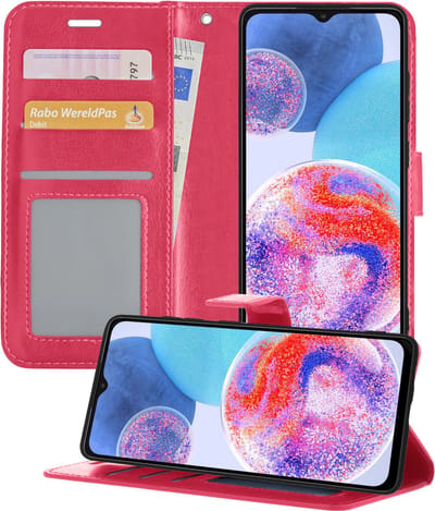 Hoesje - Met Pasjeshouder - Geschikt voor Samsung Galaxy A23 - Luxe Bookcase Portemonee - Flip Case - Kunstleer Book Case - Flipcase - Book Cover - Walletcase - Portemonneehoes - Telefoonhoesjes - Donkerroze