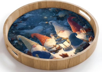 Dienblad rond 40x40 cm - Schootdienblad hout - Winter - Gnooms - Eekhoorns - Meerkleurig - Borrelplank rechthoek - Plateau houten dienbladen