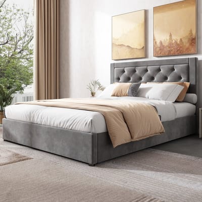 Sweiko Gestoffeerd Bed, Opslagbed met Links en Rechts Verwijderbare Bed Doos, Chesterfield Stijl, Schuim Gevulde Hoofdboord, Staal Frame Dubbel Bed, Fluweel, 140*200cm, Grijs