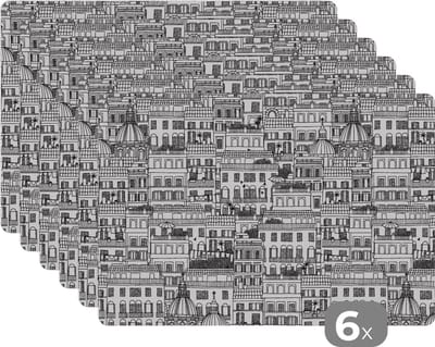 Placemat - Placemats kunststof - Patroon - Italië - Huis - 45x30 cm - 6 stuks - Hittebestendig - Anti-Slip - Onderlegger - Afneembaar