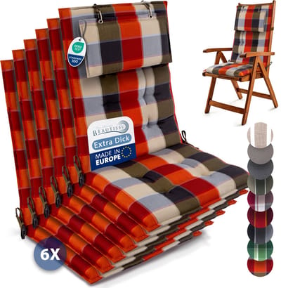 Beautissu Sun-HL - Set van 6 Premium Hoge Rugleuning Kussen met Hoofdkussen 120x50 cm – UV-bestendig & 8cm Dik Kussen Tuinstoelkussen Antislip Bevestigingsbanden – Stevige Stof Oranje Beige geblokt