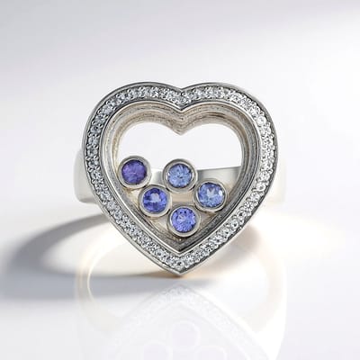 Cavill - Zilveren ring 925 sterling met 0,297 ct Tanzanieten en 0,207 ct Witte Topaas - Hartvormig - Rhodiumlaag - Elegante sieraden dames