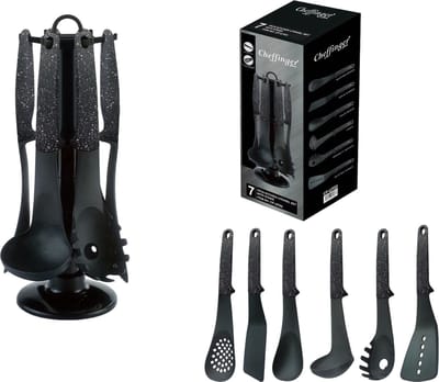 Cheffinger Keukengerei Set - 7-delig - Zwart - 360° Draaibare Standaard - Kookgerei Set