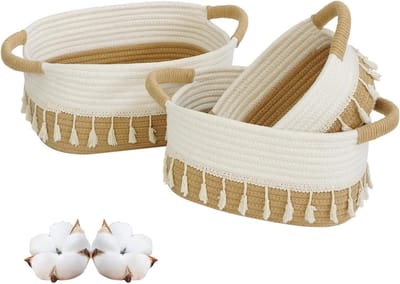 danpinera Opbergmanden van touw voor het organiseren, kleine geweven mand van katoen voor badkamerplank, kinderkamer, decoratieve mandorganizers, set van 3, wit en jute