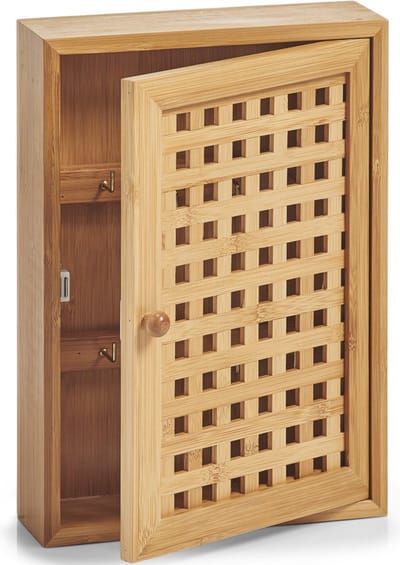 Zeller Sleutelkastje met raster deurtje - bruin - bamboehout - 8 haakjes - 19 x 27 cm- Sleutels ophangen - Sleutelrekje