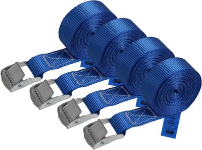 Spanbanden met klemgesp - blauw - diverse lengtes en aantallen - belastbaar tot 250 kg volgens DIN EN 12195-2 - 4 stuks 2,5 cm x 4 m