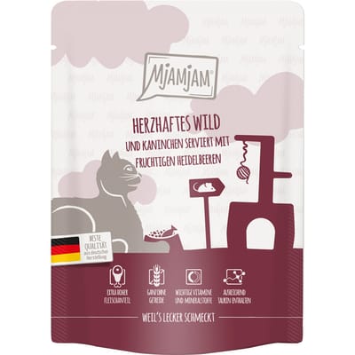 24x 300g MjAMjAM Squeeze hartig hert & konijn met fruitige bosbessen nat kattenvoer