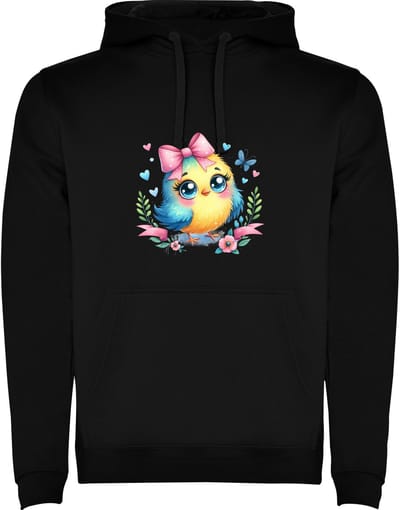Zwarte Hoodie Kleurrijke Dromerige Vogel - Schattig - Grote Strik, Bloem, Vlinders, Hartje - Cartoon - Humor Maat M
