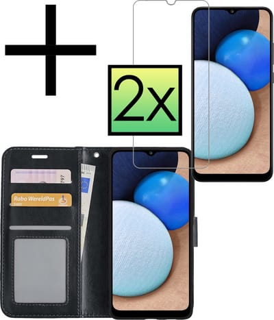 Hoesje - Met 2x Screenprotector - Geschikt voor Samsung Galaxy A02s - Luxe Pasjeshouder - Bookcase Portemonee - Flip Case - Kunstleer Book Case - Flipcase Hoes - Book Cover - Walletcase - Portemonneehoes - Zwart