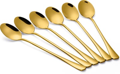 Alheco 6 lange ovale lepels – Latte macchiato – Dessertlepels set – 19,5cm – Sorbetlepels – IJslepels - Theelepels - Goud