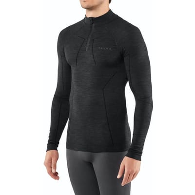 FALKE Wool-Tech Zip Neck sneldrogend wol functioneel functioneel shirt met lange mouwen heren zwart - maat L