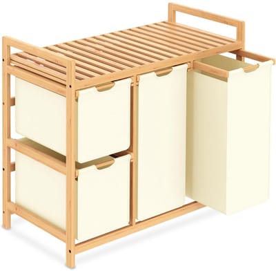 DnA® Wasmand 3 Vakken - Wasmand - Wassorteerder - Wasmand Met Deksel - Beige - 42cm x 8cm x 77cm