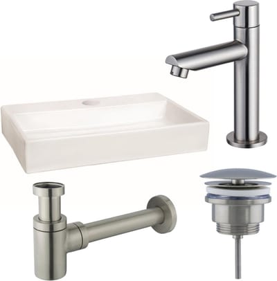 QeramiQ Fuente fonteinset - 38x24cm - 1 kraangat - keramiek - fonteinkraan RVS geborsteld - glans wit