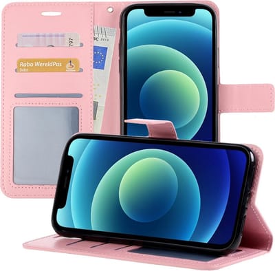 Hoesje - Geschikt voor Apple iPhone 12 - Luxe Bookcase - Walletcase Hoes - Portemonnee - Cover - Telefoonhoes - Lichtroze