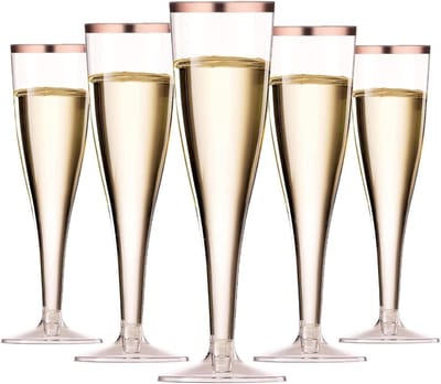 50 Stuks Champagneglazen met Roze Gouden Rand - 150ml Herbruikbare Plastic Wijnglazen met Handvat voor Tuinfeesten, Bruiloften en Jubileums, 5 x 17 cm