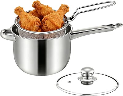 Roestvrijstalen Friteuse - Kleine Braadpan Mand - Thuis Frituren - Inductie Geschikt - 15x20x15 cm - Zilver