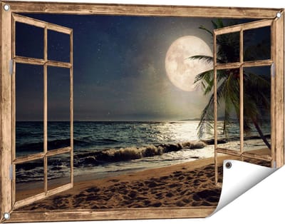 Gards Tuinposter Doorkijk Tropisch Strand in de Nacht met Volle Maan - 90x60 cm - Tuindoek - Tuindecoratie - Wanddecoratie buiten - Tuinschilderij