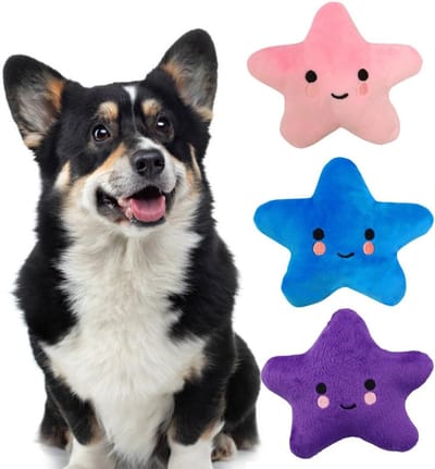 ZVD Piepspeelgoed voor huisdieren – Schattig pluche speelgoed in de vorm van een lachende ster – Met piepgeluid – Geschikt voor honden, puppy's, katten en kleine dieren – Voor beweging en vermaak – Set van 3 (Ster)