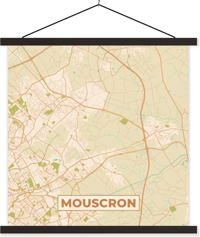 Posterhanger incl. Poster 60x60 cm - Schoolplaat - België - Kaart - Plattegrond - Mouscron - Stadskaart - Textielposter - Zwarte latten - Stadskaart