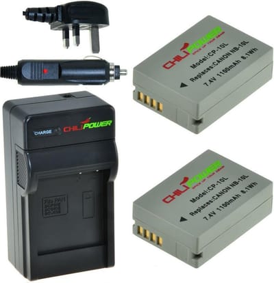 ChiliPower 2 x NB-10L accu's voor Canon - Charger Kit + car-charger - UK version