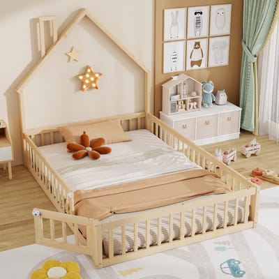 Huisbed 140x190 cm, Kinderbed in Schoorsteenvorm, Bed met Lattenbodem (Zonder Matras), Grenenhout Kinderbed, Minimalistische Stijl, Kinderkamer Bed, Natuurlijke Kleur