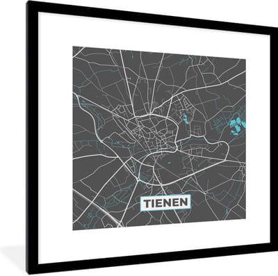 Fotolijst incl. Poster - België – Tienen – Stadskaart – Kaart – Blauw – Plattegrond - 40x40 cm - Posterlijst